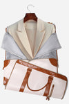 A beige garment bag from The Windbreaker Jacket brand hangs on a wooden hanger. Inside, a beige jacket is visible through the opening. Attached below the garment compartment is The Smart No-Wrinkle Foldable Travel Bag in cream-colored leather with brown straps and accents, designed to be lightweight and portable for convenient travel.