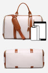 A beige and brown Smart No-Wrinkle Foldable Travel Bag by The Windbreaker Jacket is depicted from two angles. The front view showcases the bag's pocket, while the bottom view concentrates on its base. Constructed from waterproof PU leather, it includes size comparison icons of an iPad, iPhone, and iPad Mini.