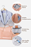 Image of a pink The Smart No-Wrinkle Foldable Travel Bag from The Windbreaker Jacket on a hanger with informative labels. The bag, displayed over a light blue suit jacket, highlights features such as "Spacious Interior," "Multiple Compartments," "Wrinkle-free Packing," and "High-Quality Waterproof PU Leather.