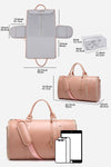 A photo displaying dimensions of The Smart No-Wrinkle Foldable Travel Bag Pink by The Windbreaker Jacket. This peach-colored, lightweight, and portable travel bag measures 20.5" x 12.5" x 10". It's made from waterproof PU leather and includes a detachable shoulder strap, tassel zipper pull, and additional pockets. Also shown are the bag's expanded view and comparison to tablet and phone sizes.